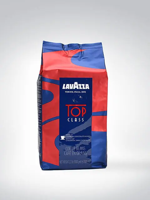 Verpackung von Lavazza Top Class Kaffeebohnen, 1 kg, mit dunkler Schokolade und Zimtgeschmack