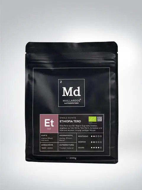 Verpackung von Maillardos Single Estate Ethiopia Tero Kaffee mit 250g Inhalt, Bio-Qualität und Aromaprofil beschrieben auf der Vorderseite.