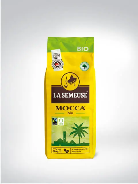 La Semeuse Mocca Bio Kaffee in einer gelben Verpackung, 500 g, mit Fair-Trade- und Bio-Siegeln