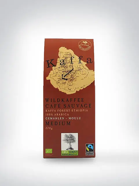 Verpackung des Kaffa Wildkaffees aus Äthiopien, 220g, gemahlen, zeigt eine Karte und Fairtrade-Siegel