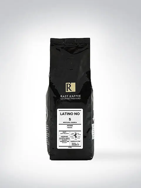 Packung Rast Kaffee Latino No. 5 Mischung mit Informationen über Aromen und Herkunft