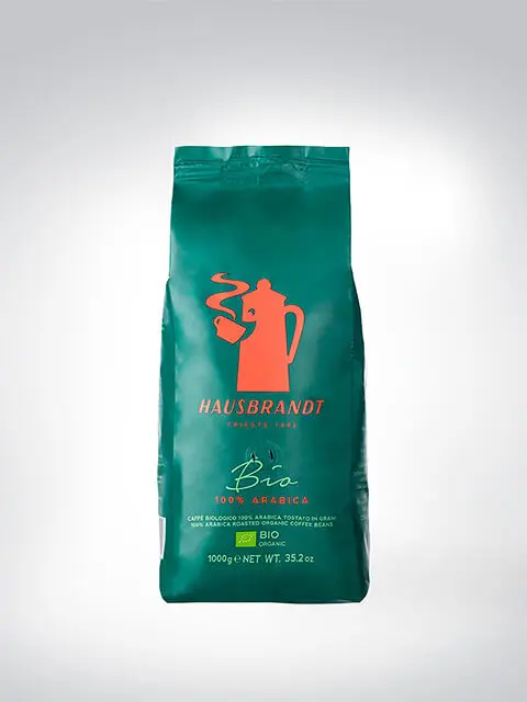 Packung Hausbrandt Bio Kaffee, 100% Arabica, 1000g, grüne Verpackung mit rotem Logo.