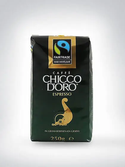 Packung Chicco d'Oro Espresso Kaffeebohnen 250g mit Fairtrade-Siegel