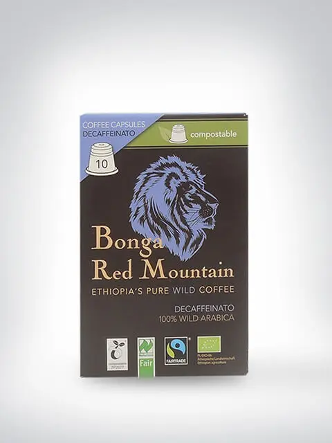 Verpackung von Bonga Red Mountain entkoffeinierten Kaffeekapseln, 100% Arabica Wildkaffee, kompostierbar, aus Äthiopien