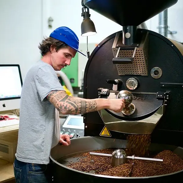 Ein Mann mit blauer Mütze und tätowiertem Arm bedient eine Kaffeemaschinen-Röstanlage in einer Rösterei, während Kaffeebohnen aus der Maschine fallen.