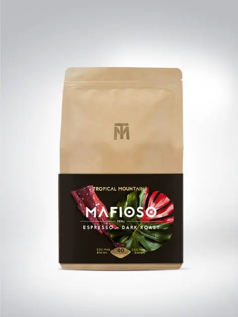 Verpackung von Mafioso Espresso Dark Roast Kaffee mit tropischem Design