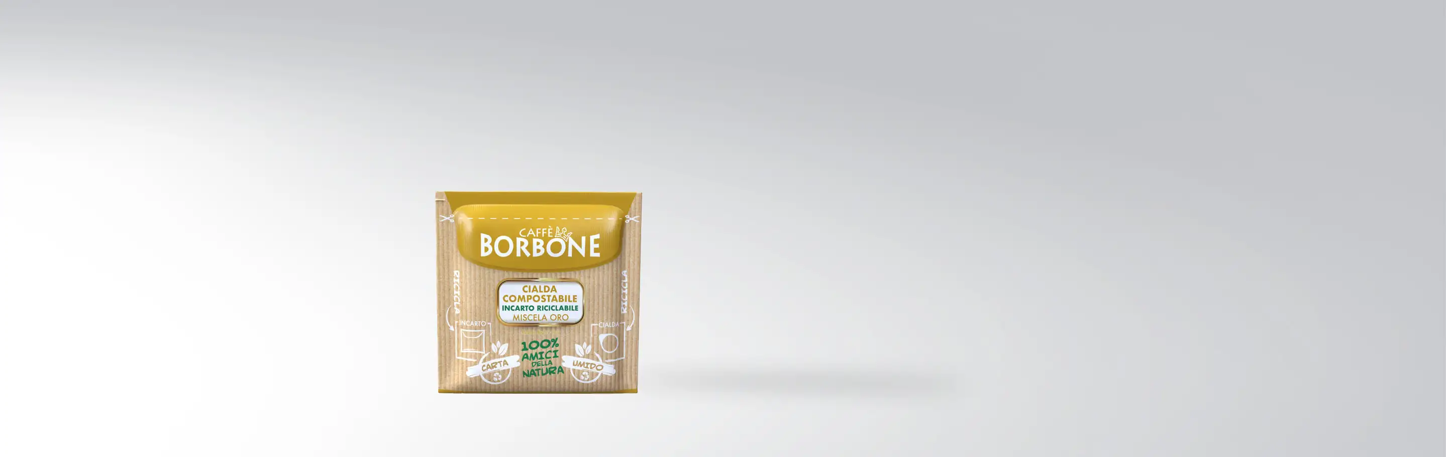 Caffè Borbone compostable coffee pod packaging in gold