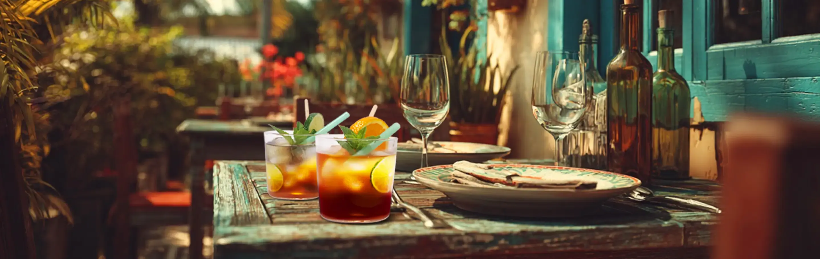Ein rustikaler Holztisch im Freien, gedeckt mit Gläsern, Tellern und erfrischenden Cocktails, umgeben von Pflanzen und Sonnenschein.