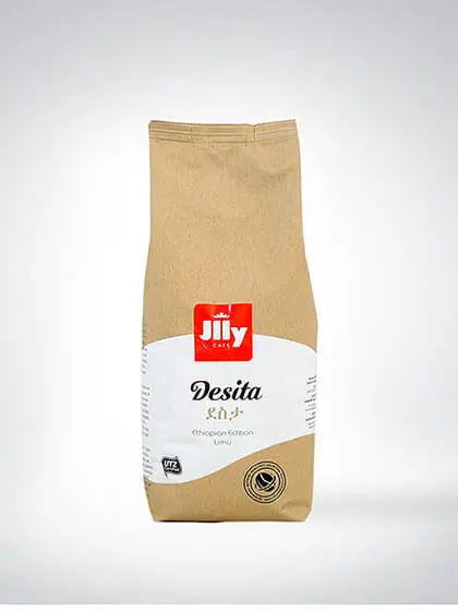 Braune Packung Jilly Cafe Desita äthiopischer Kaffee Limu