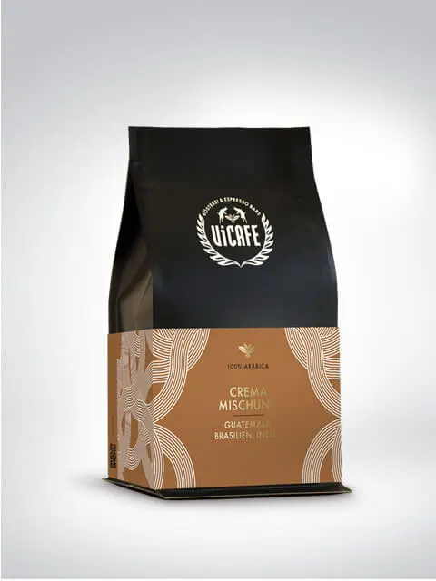 Kaffeepackung von UICAFE Crema Mischung mit 100% Arabica-Bohnen aus Guatemala, Brasilien und Indien