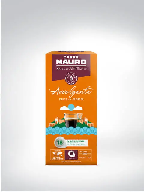 Packung Caffè Mauro Avvolgente Kaffeekapseln mit 18 Stück, Mischungscrema-Design in Orange mit Landschaftsgrafik