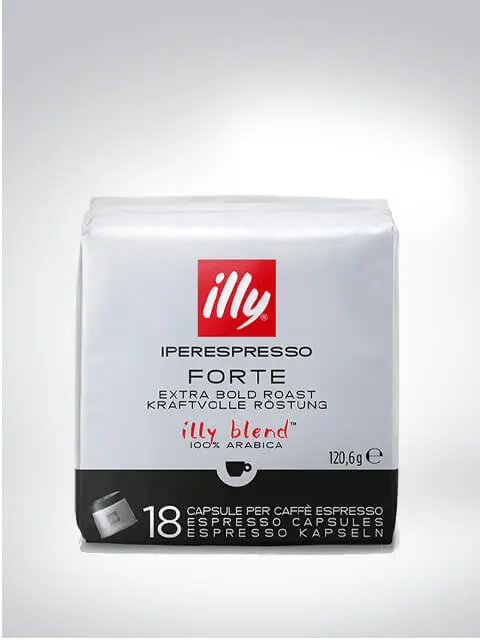 Verpackung der illy Iperespresso Forte Kapseln mit 18 Stück für eine kraftvolle Röstung