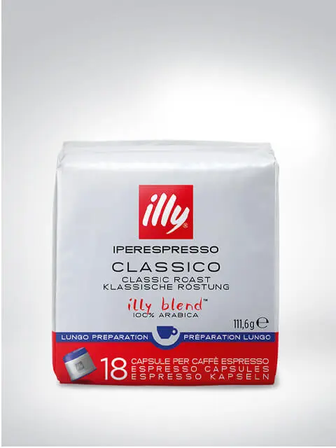 Verpackung von Illy Iperespresso Classico Kaffeekapseln mit 18 Stück, geeignet für Lungo Zubereitung, klassische Röstung aus 100% Arabica.