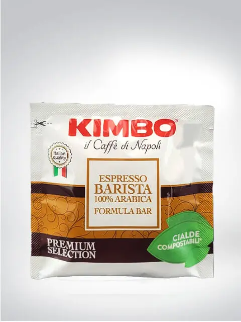 Verpackung von Kimbo Espresso Barista, 100% Arabica, kompostierbare Cialde