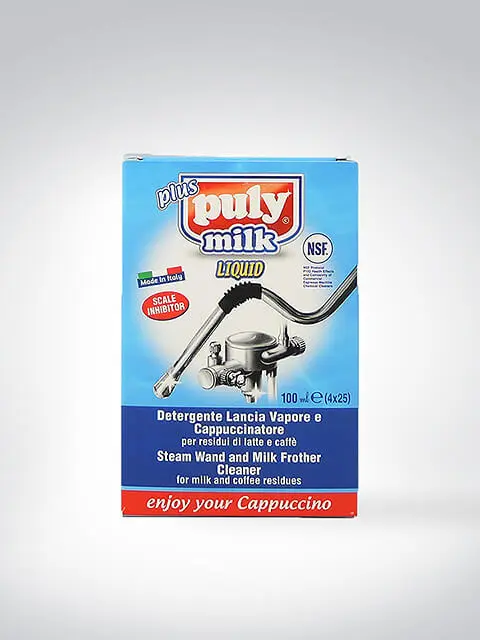 Verpackung von Puly Milk Liquid, einem Reiniger für Dampflanzen und Milchaufschäumer zur Entfernung von Milch- und Kaffeerückständen.