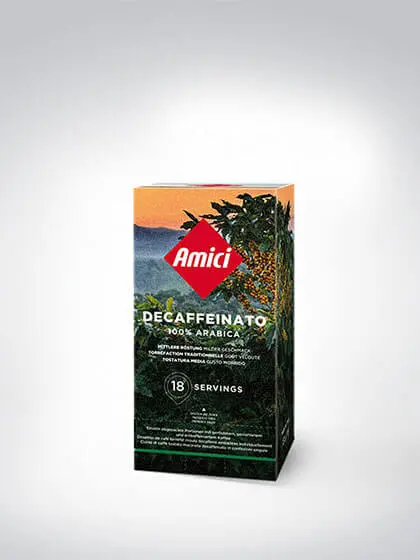 Verpackung von Amici Koffeinfreier Kaffee, 100% Arabica, 18 Portionen