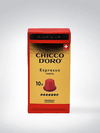 Verpackung von Chicco d'Oro Espresso Forte Aluminiumkapseln, 10 Stück, kompatibel mit Nespresso-Maschinen