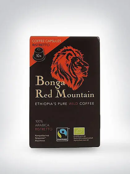 Packung Bonga Red Mountain Ristretto Kaffeekapseln, Fairtrade und Bio-zertifiziert, kompatibel mit Nespresso-Maschinen, 100% Arabica aus Äthiopien