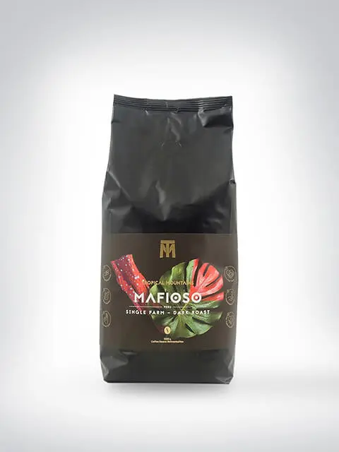 Packung des Tropical Mountain Mafioso Kaffees mit dunkler Röstung, 250g