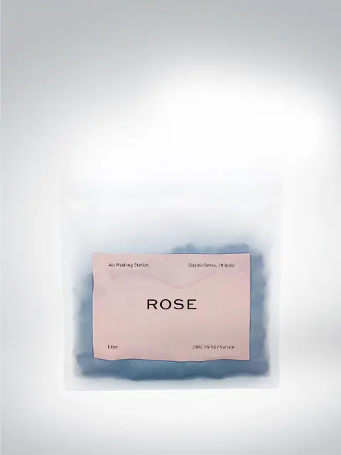 Kaffeepackung mit der Bezeichnung 'Rose' und Herkunft aus Sidama Bensa, Äthiopien