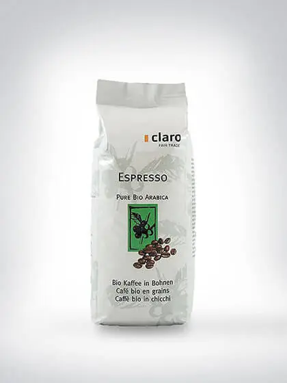 Verpackung von Claro Fair Trade Espresso Pure Bio Arabica Kaffee in Bohnen, 500g