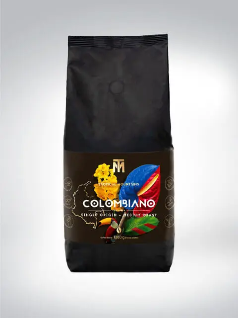 Eine schwarze Verpackung von Tropical Mountains Colombiano Kaffee mit bunter Aufschrift und geografischer Darstellung Kolumbiens, 1000g, mittlere Röstung, Single Origin.