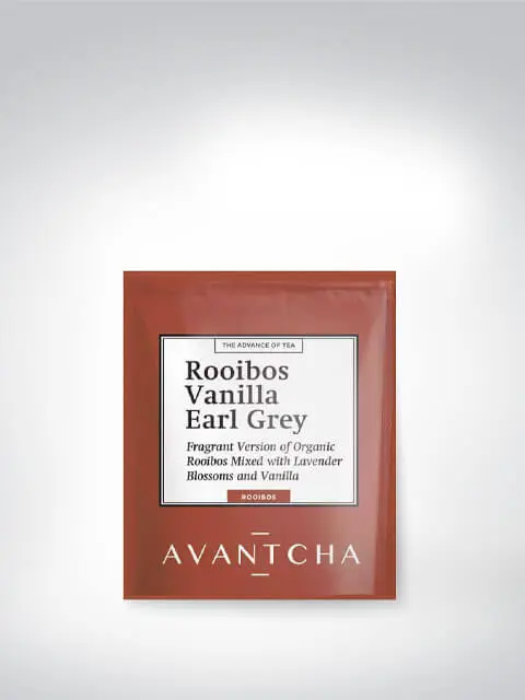 Packung des Rooibos Vanilla Earl Grey Tees von AVANTCHA, aromatisierter Bio-Rooibos mit Lavendelblüten und Vanille