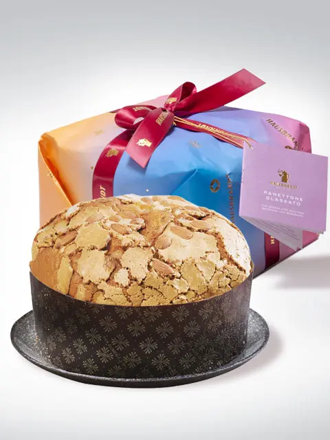 Traditioneller italienischer Panettone mit bunter Geschenkverpackung