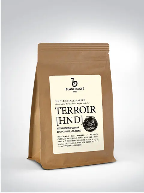 Verpackung von Blasercafé Terroir HND Kaffee, 100% rückverfolgbarer Single Estate Kaffee aus Honduras