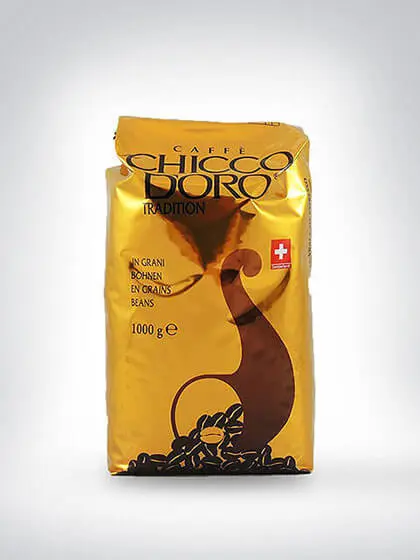 Goldene Packung Chicco d'Oro Kaffee Tradition, 1000g ganze Bohnen mit Schweizer Fahne