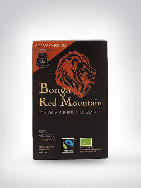 Verpackung der Bonga Red Mountain Espresso Kapseln mit Löwenmotiv und Fairtrade-Logo