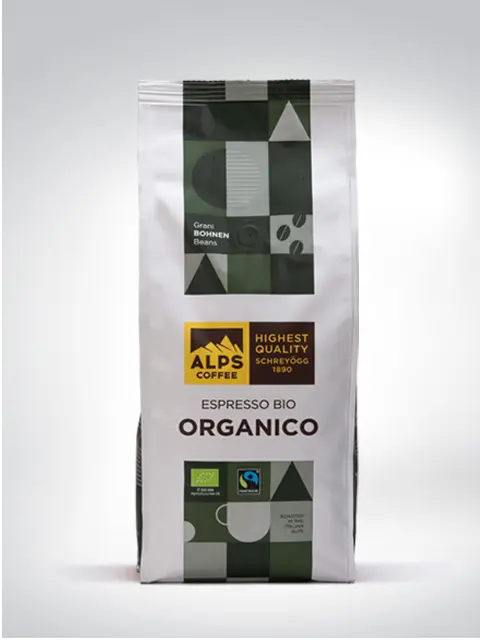 Packung Alps Coffee Espresso Bio Organico mit Bio- und Fairtrade-Siegel.