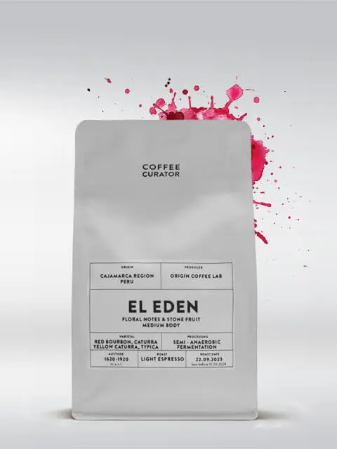 Kaffeeverpackung von El Eden mit floralen Noten und Steinfrucht, mittelkräftig, von Coffee Curator aus Cajamarca, Peru