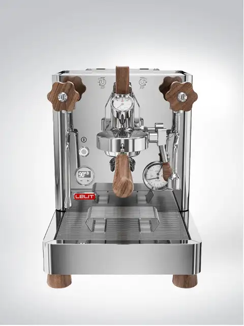 Stainless steel espresso machine with wooden handles and Lelit logo