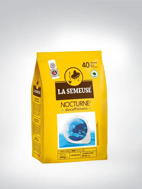 Verpackung von La Semeuse Nocturne entkoffeiniertem Kaffee mit 40 Portionen, gelbe Packung