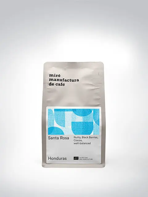 Verpackung des Miro Manufactura de Café Santa Rosa Kaffees aus Honduras mit nussigen, schwarzen Beeren- und Kakaoaromen, ausgewogen im Geschmack.