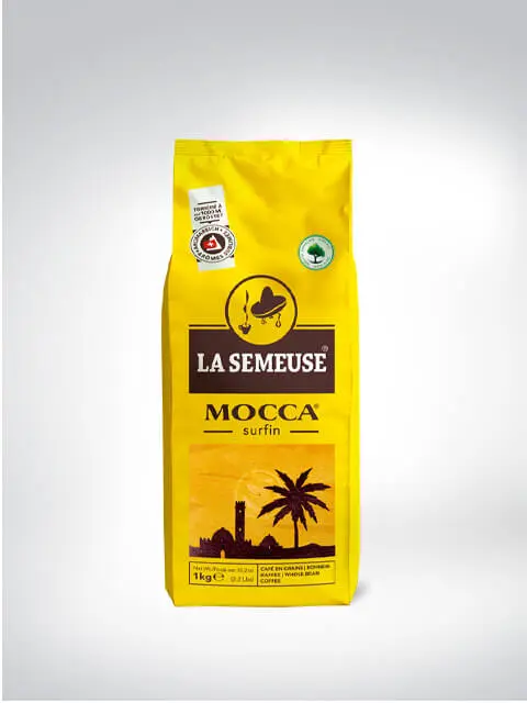 Verpackung des La Semeuse Mocca Surfin Kaffee, 1 kg, gelbe Tüte mit Palmenmotiv