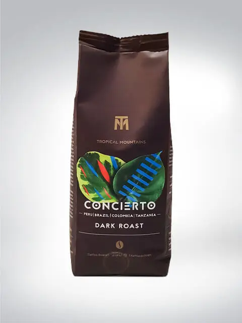 Packung des Tropical Mountains Concierto Kaffees mit Dark Roast, 250g, Herkunft aus Peru, Brasilien, Kolumbien und Tansania