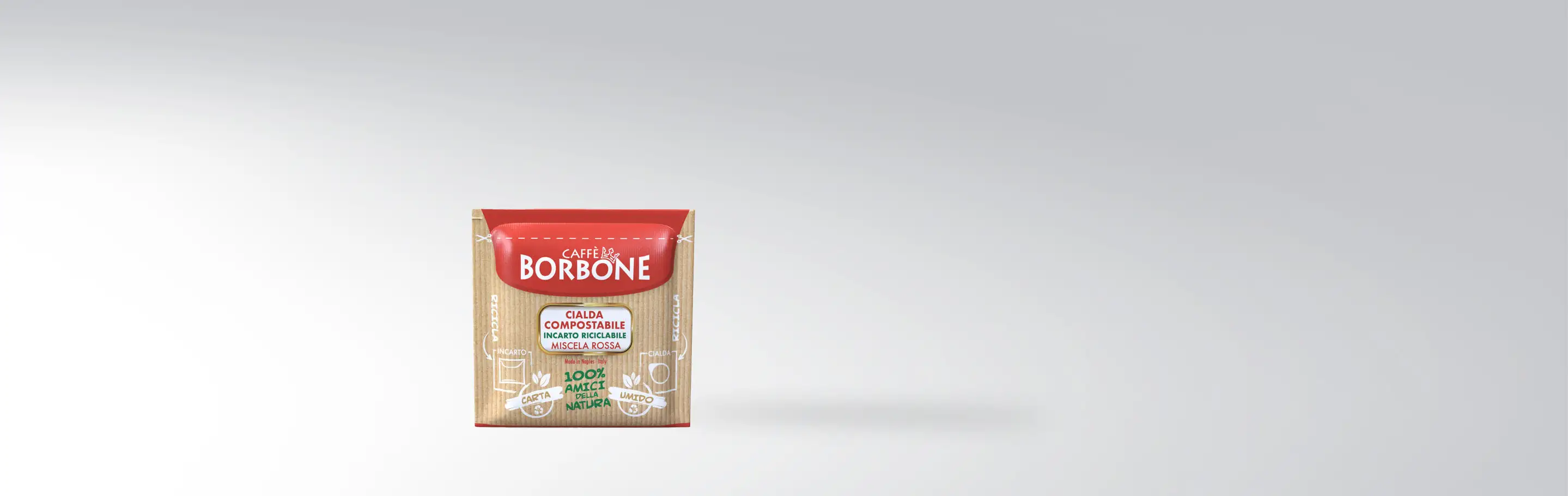 Pack of Caffè Borbone Rossa Blend coffee pods, compostable and recyclable