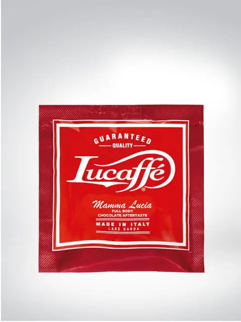 A red Lucaffé Mamma Lucia coffee pod with 'Made in Italy' written on it