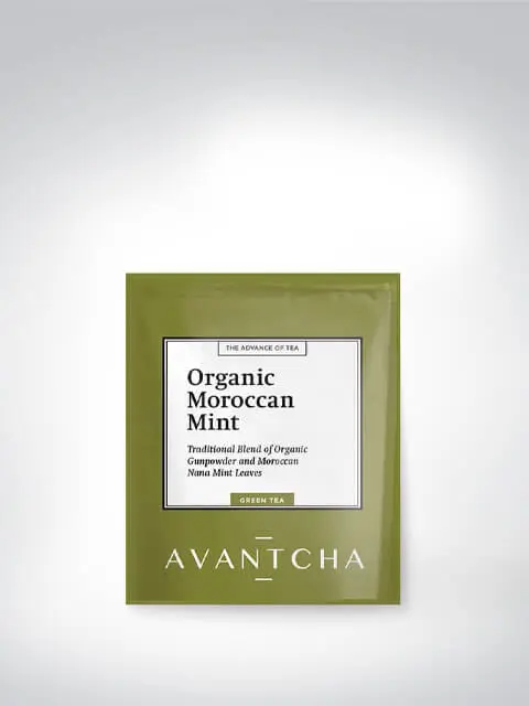 Verpackung von AVANTCHA Organic Moroccan Mint, einer traditionellen Mischung aus Bio-Gunpowder und marokkanischen Nanaminzblättern.