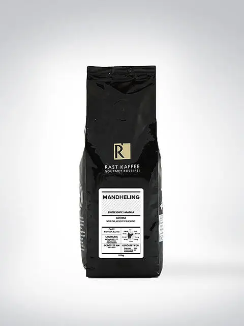 Packung indonesischer Mandheling Kaffee von Rast Kaffee Gourmet Rösterei, 250g, mit reichhaltigem Aroma und schokoladigem Geschmack