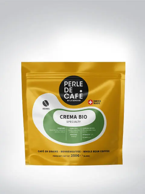 Verpackung von Perle de Café Crema Bio Spezialität Kaffee, 250g Ganze Bohnen, Swiss Made