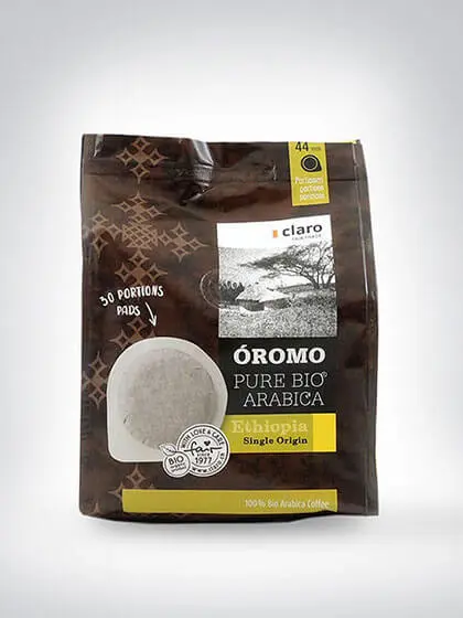 Verpackung von ÓROMO Pure Bio Arabica Kaffeepads aus Äthiopien, Single Origin, 30 Portionspads