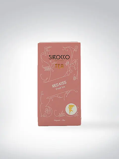 Verpackung des Sirocco Tee Red Kiss Früchtetees, Bio