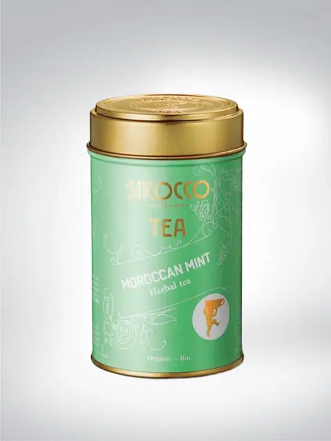 Grüne Teedose mit der Aufschrift 'Sirocco Tea Moroccan Mint Herbal Tea', Bio-Kräutertee