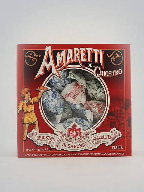 Verpackung von Amaretti del Chiostro Saronno, traditionelle italienische Mandelkekse in dekorativer Schachtel, 150g