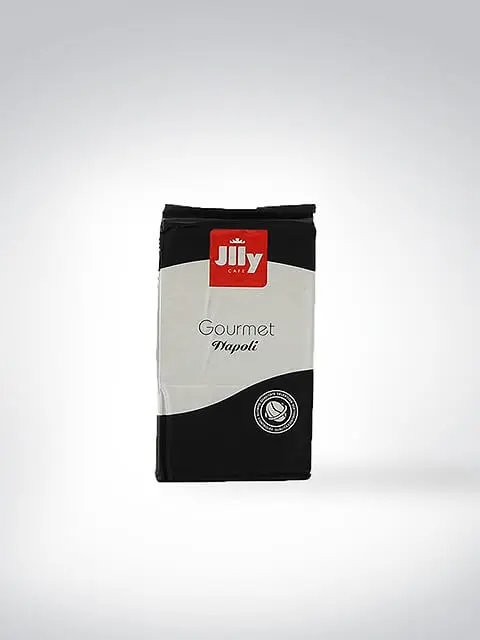 Packung Jilly Café Gourmet Napoli Kaffee auf grauem Hintergrund