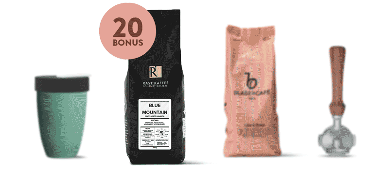 Image produit du café Rast Blue Mountain avec bonus, tasse à café, autre paquet de café et tamper