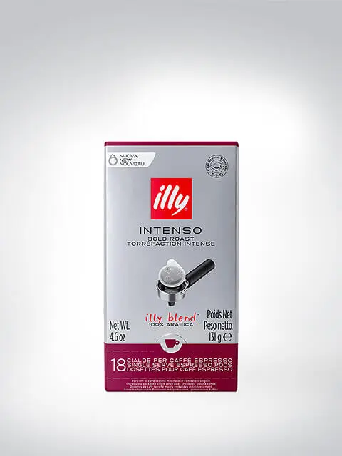 Verpackung von Illy Intenso Bold Roast Espresso Pads mit 18 Stück und 100% Arabica